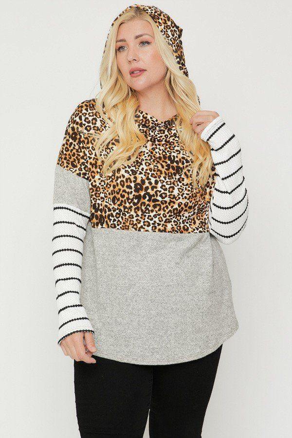 Plus Size Color Block Hoodie Featuring A Cheetah Print - AM APPAREL