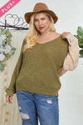Plus Size Color Block V Neck Sweater - AM APPAREL