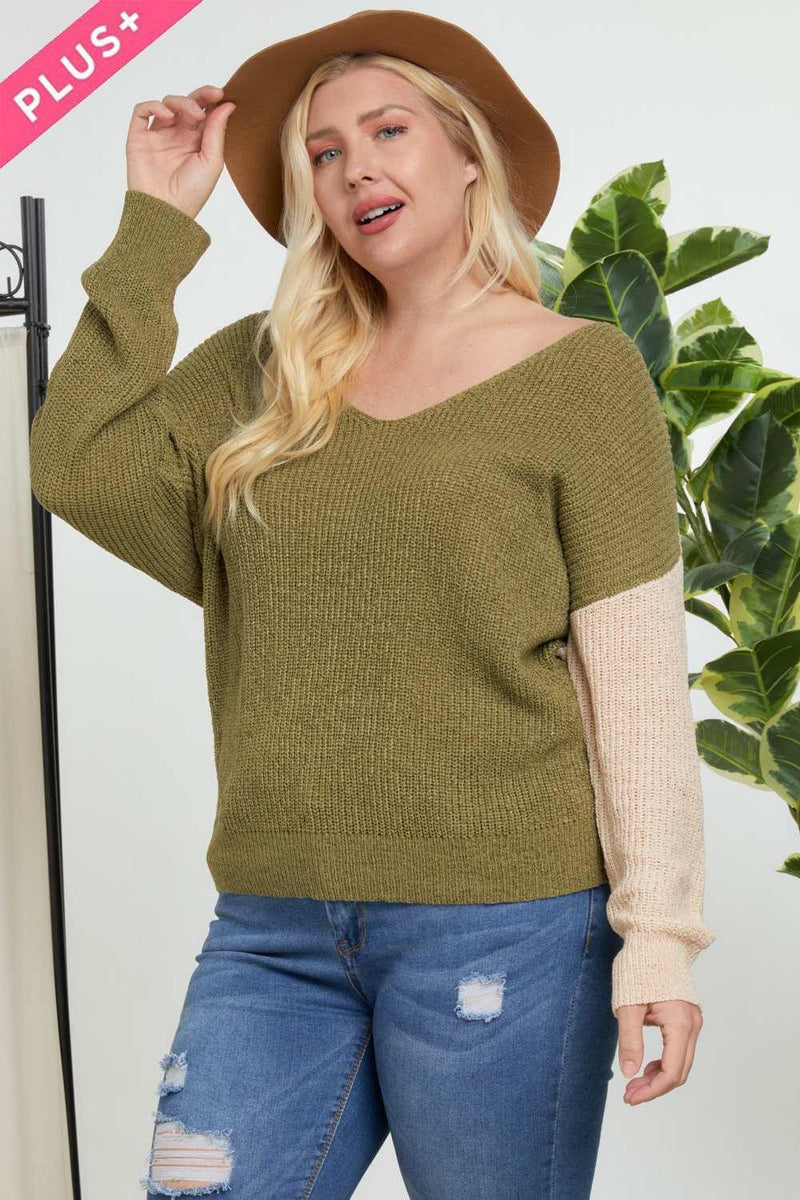 Plus Size Color Block V Neck Sweater - AM APPAREL
