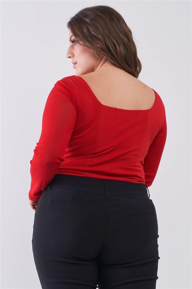 Plus Size Crimson Red Long Mesh Sleeve Sweetheart Neck Detail Structured Crop Top - AM APPAREL