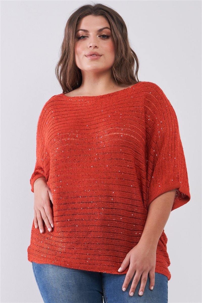 Plus Size Dark Coral Sequin Sheer Knit Loose Fit Top - AM APPAREL