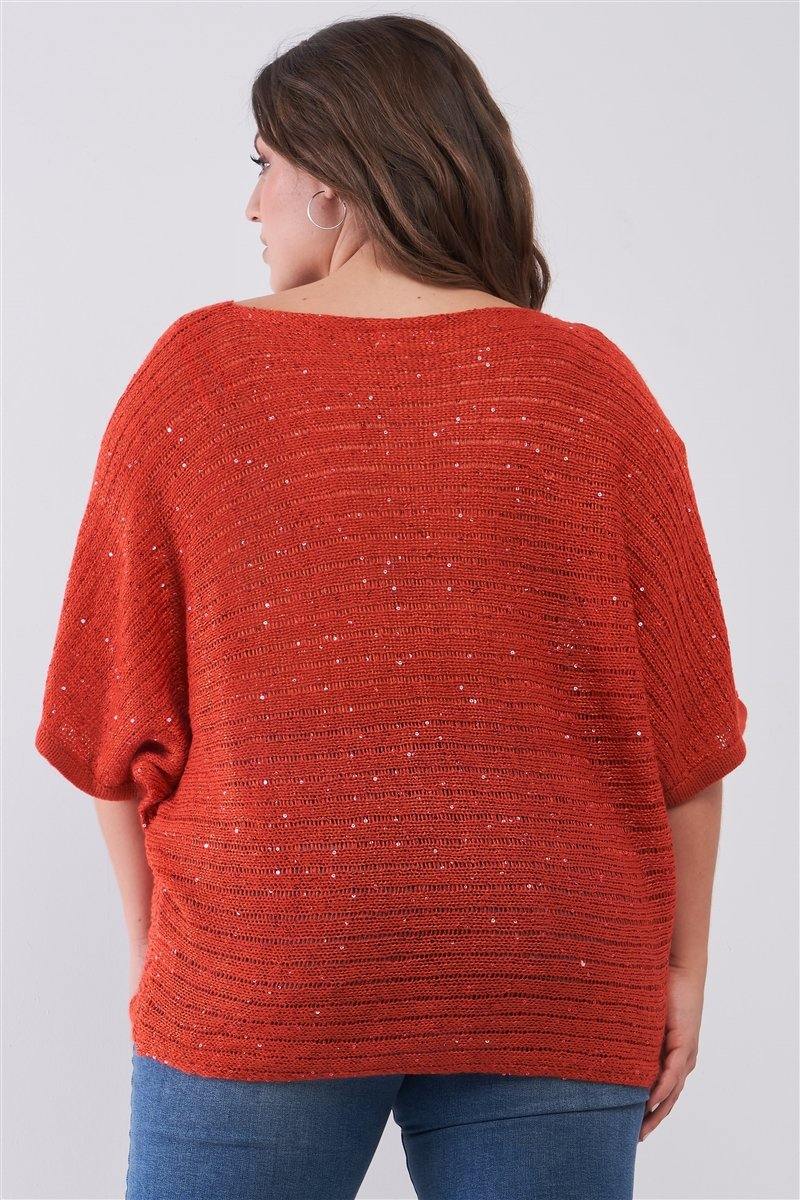Plus Size Dark Coral Sequin Sheer Knit Loose Fit Top - AM APPAREL