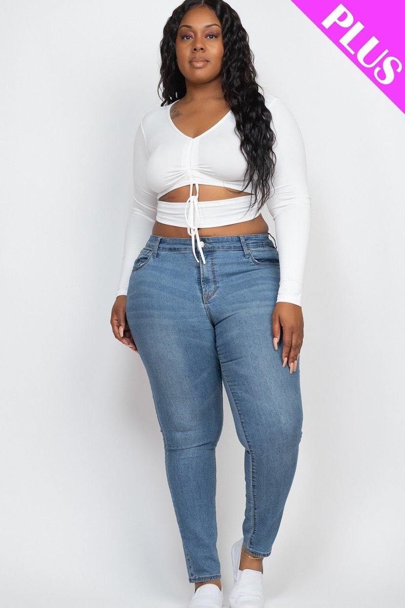 Plus Size Drawstring Ruched Cutout Crop Top - AM APPAREL