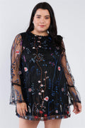 Plus Size Floral Mix Sheer Mock Lace Neck Mini Dress - AM APPAREL