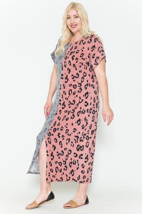 Plus Size Front Slit Dolman Leopard Print Maxi Dress - AM APPAREL