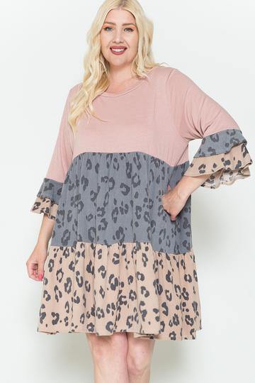 Plus Size Leopard Print Ruffled And Bell Sleeve Dress - AM APPAREL