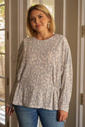 Plus Size Light Blue & Ivory Animal Print Gathered Sides Detail Long Sleeve Top - AM APPAREL