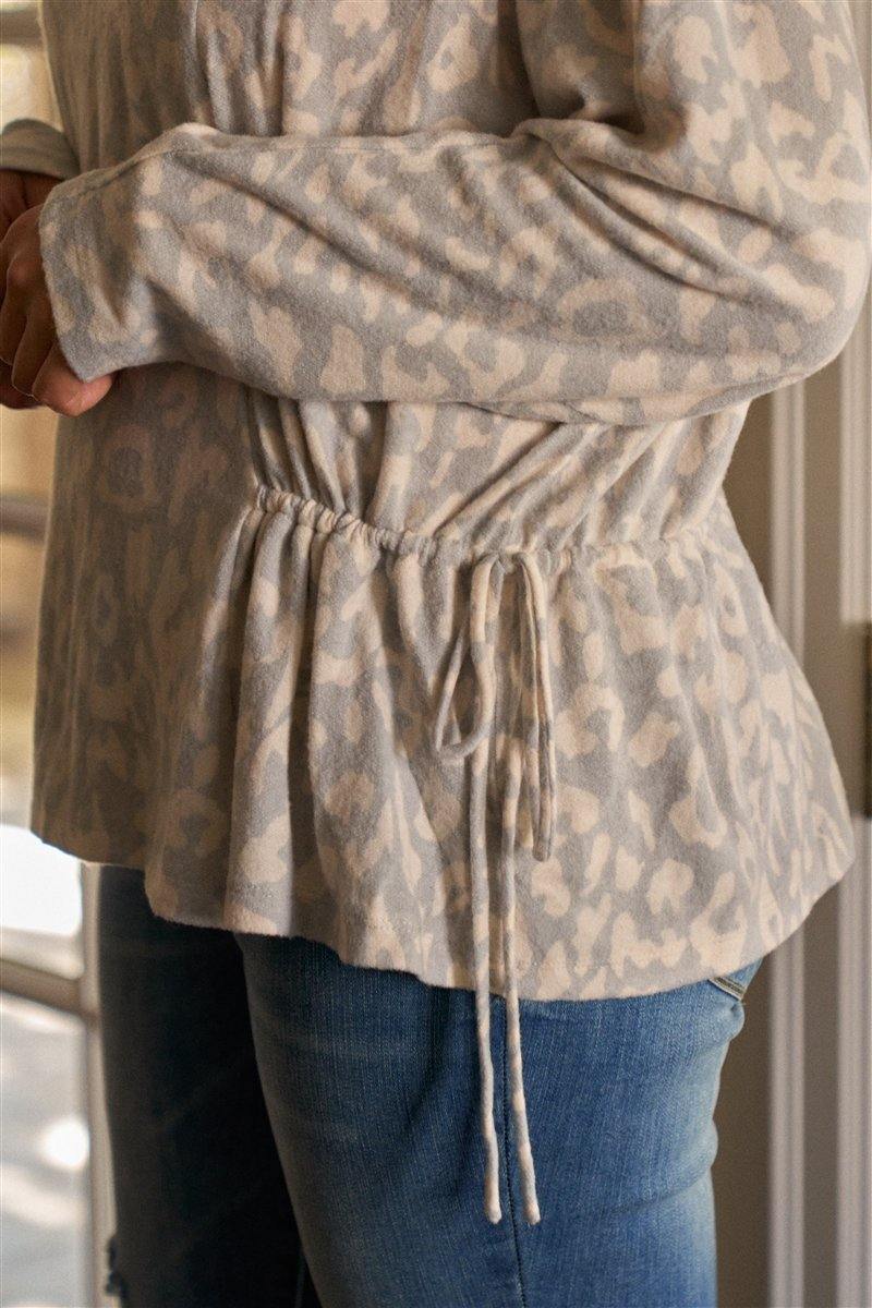 Plus Size Light Blue & Ivory Animal Print Gathered Sides Detail Long Sleeve Top - AM APPAREL
