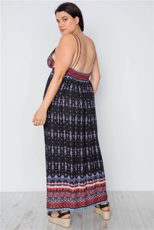 Plus Size Multi Black Paisley Print Maxi Boho Dress - AM APPAREL