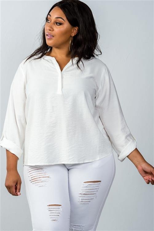 Plus Size Oatmeal Stand-up Collar Roll Tab Sleeve Blouse - AM APPAREL