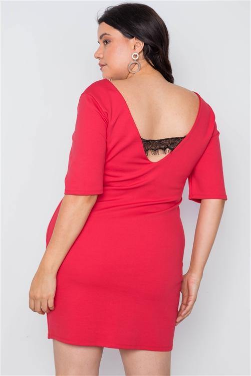 Plus Size Red Back Lace Detail Mini Dress - AM APPAREL