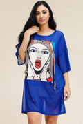 Plus Size Short Sleeve Mesh Tunic Dress With Patch On The Front - AM APPAREL