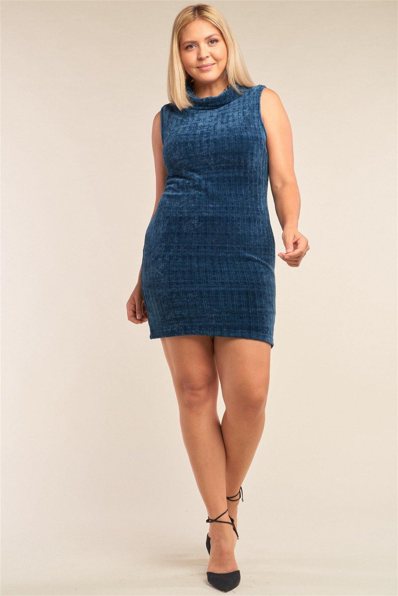 Plus Size Sleeveless Ribbed Knit Semi-turtleneck Mini Dress - AM APPAREL