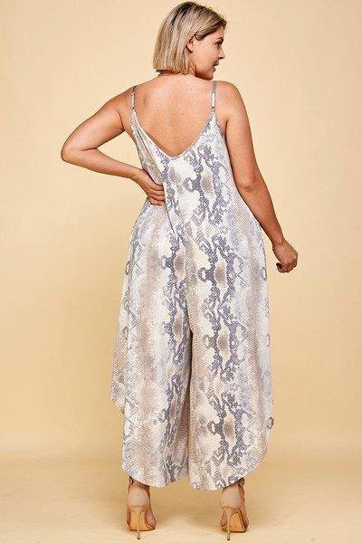 Plus Size Snakeskin Terry Printed Wide Leg Jumpsuit - AM APPAREL