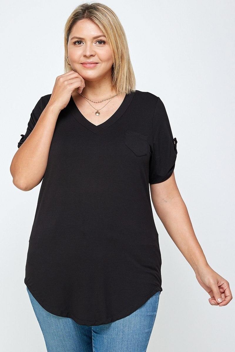 Plus Size Solid Knit V-neck Tee - AM APPAREL