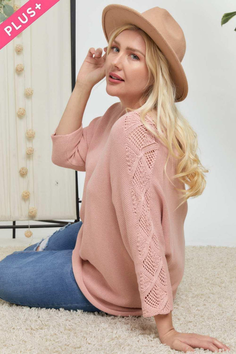 Plus Size Solid Round Neck 3/4 Sleeve Sweater Top - AM APPAREL