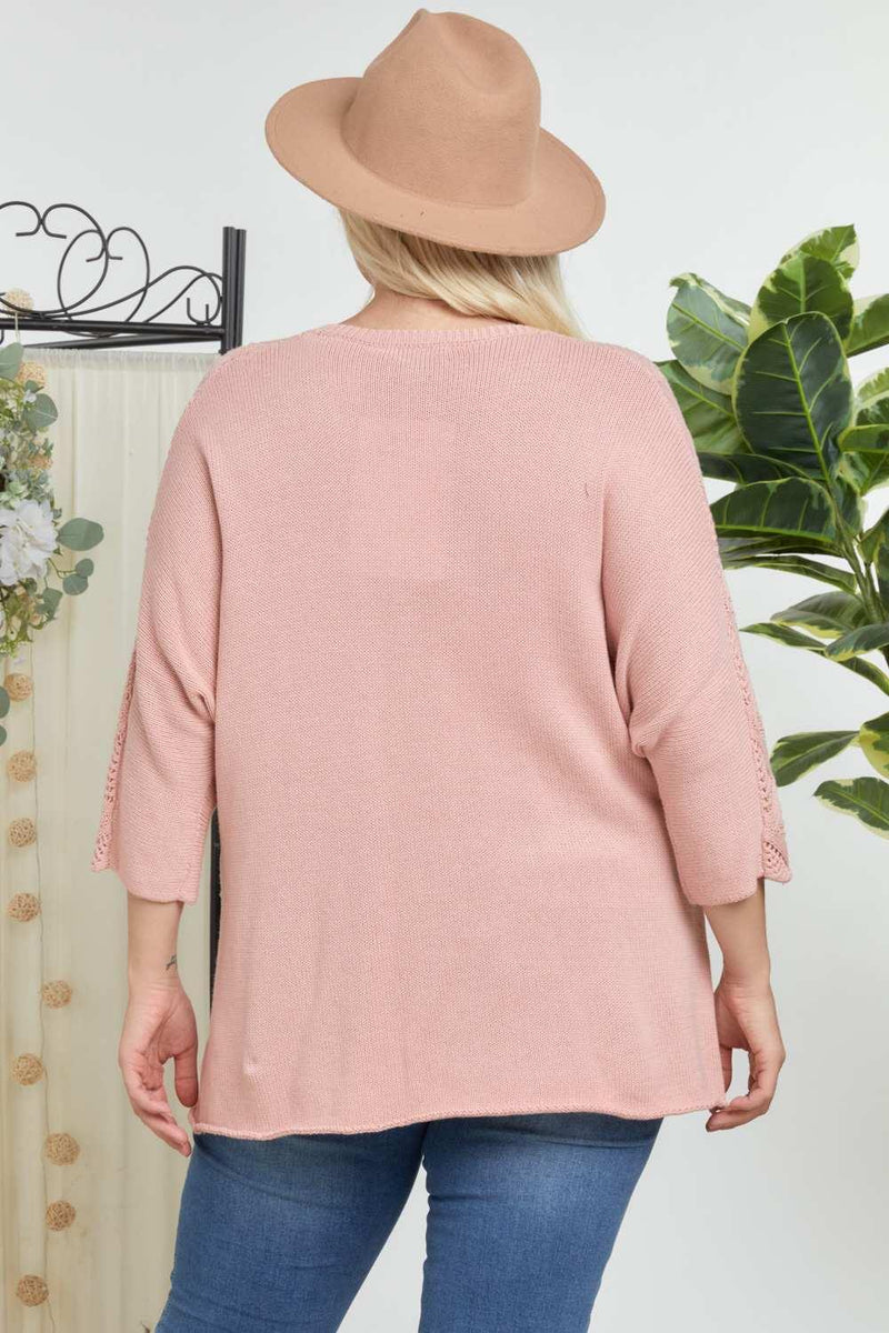 Plus Size Solid Round Neck 3/4 Sleeve Sweater Top - AM APPAREL