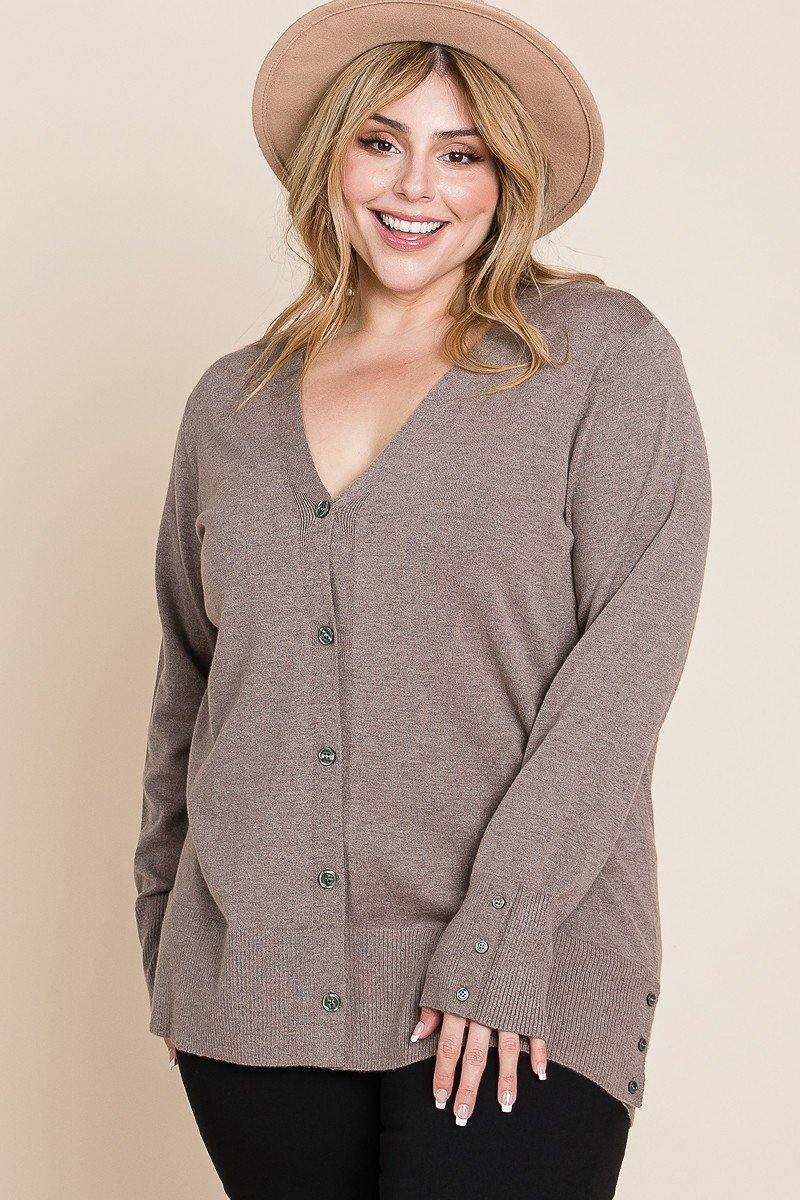 Plus Size Solid Soft V Neck Two Tone Knit Cardigan - AM APPAREL