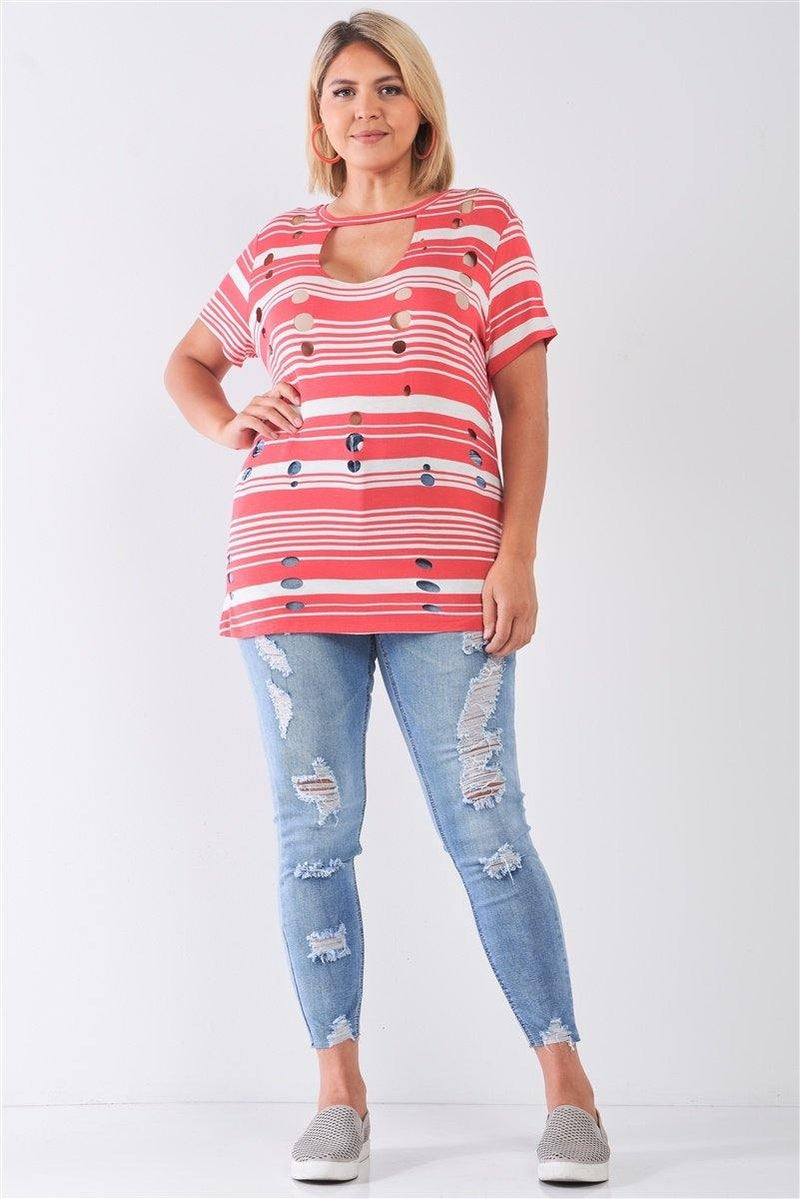 Plus Size Striped And Distressed Cut-out Top - AM APPAREL