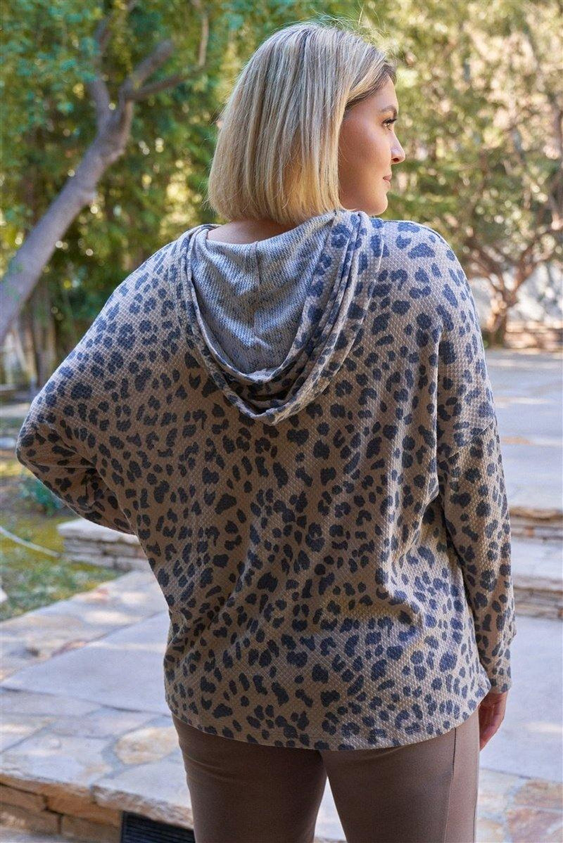 Plus Size Taupe & Black Cheetah Hooded Knit Sweatshirt - AM APPAREL