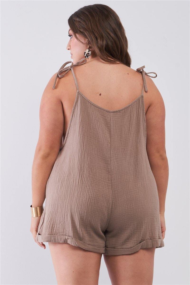Plus Size Taupe Square Neck Sleeveless Cuffed Romper - AM APPAREL