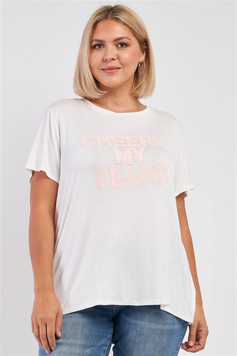 Plus White Relaxed "cheers My Dears" Print Logo T-shirt Top - AM APPAREL