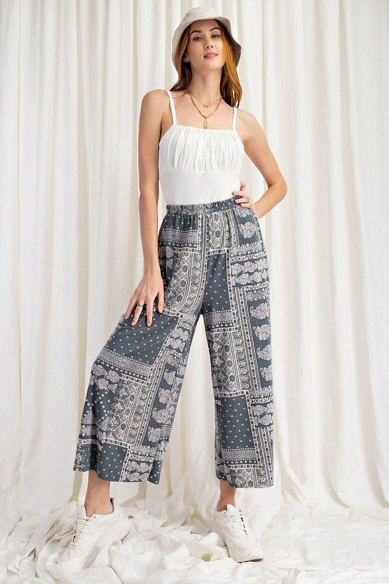 Printed Terry Knit Wide Leg Comfy Pants - AM APPAREL