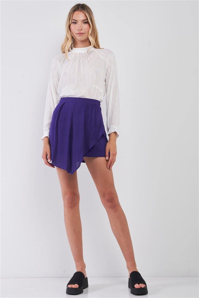 Purple High-waisted Asymmetrical Wrap Pleated Front Mini Skirt - AM APPAREL