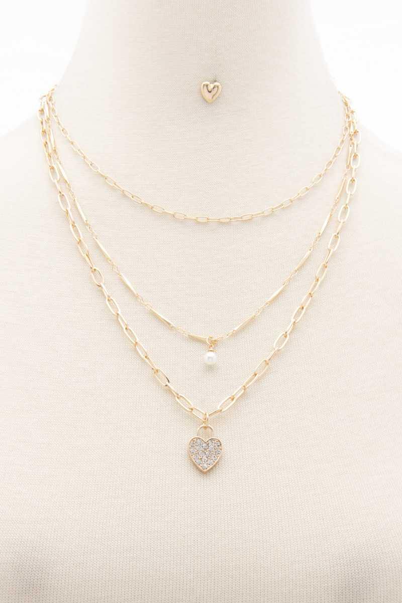 Rhinestone Heart Charm Layered Necklace - AM APPAREL