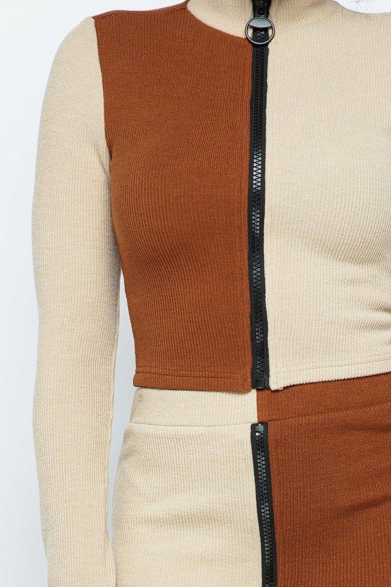 Rib Color Block Mock Neck Long Sleeve High-waist Mini Skirt With Front Zipper Set - AM APPAREL