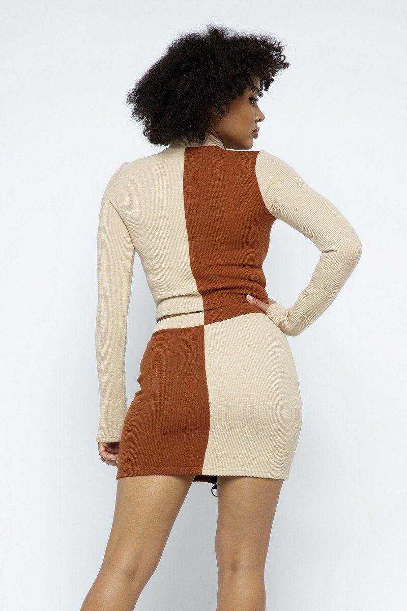 Rib Color Block Mock Neck Long Sleeve High-waist Mini Skirt With Front Zipper Set - AM APPAREL