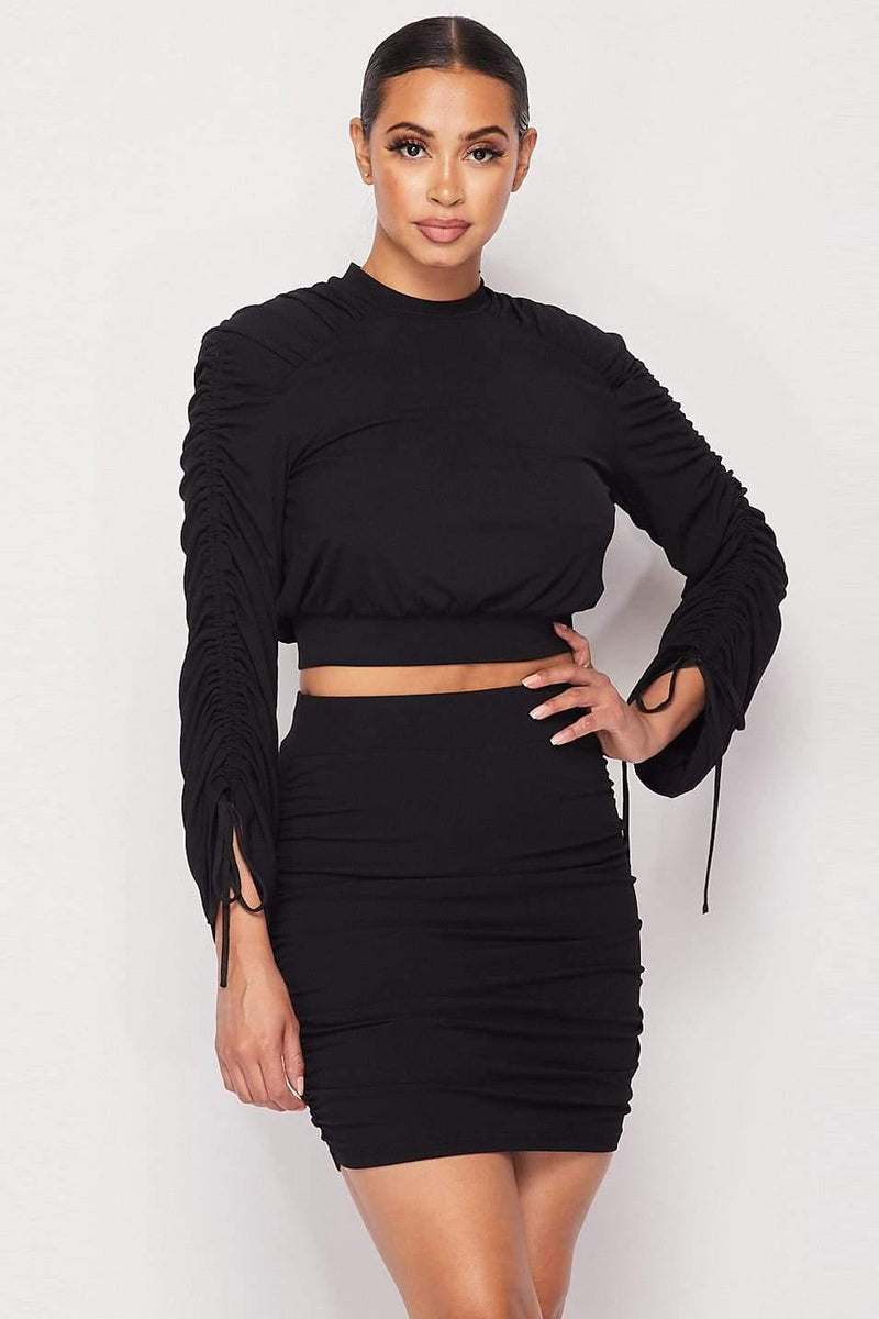 Ruched Long Sleeve Top And Skirt Set - AM APPAREL