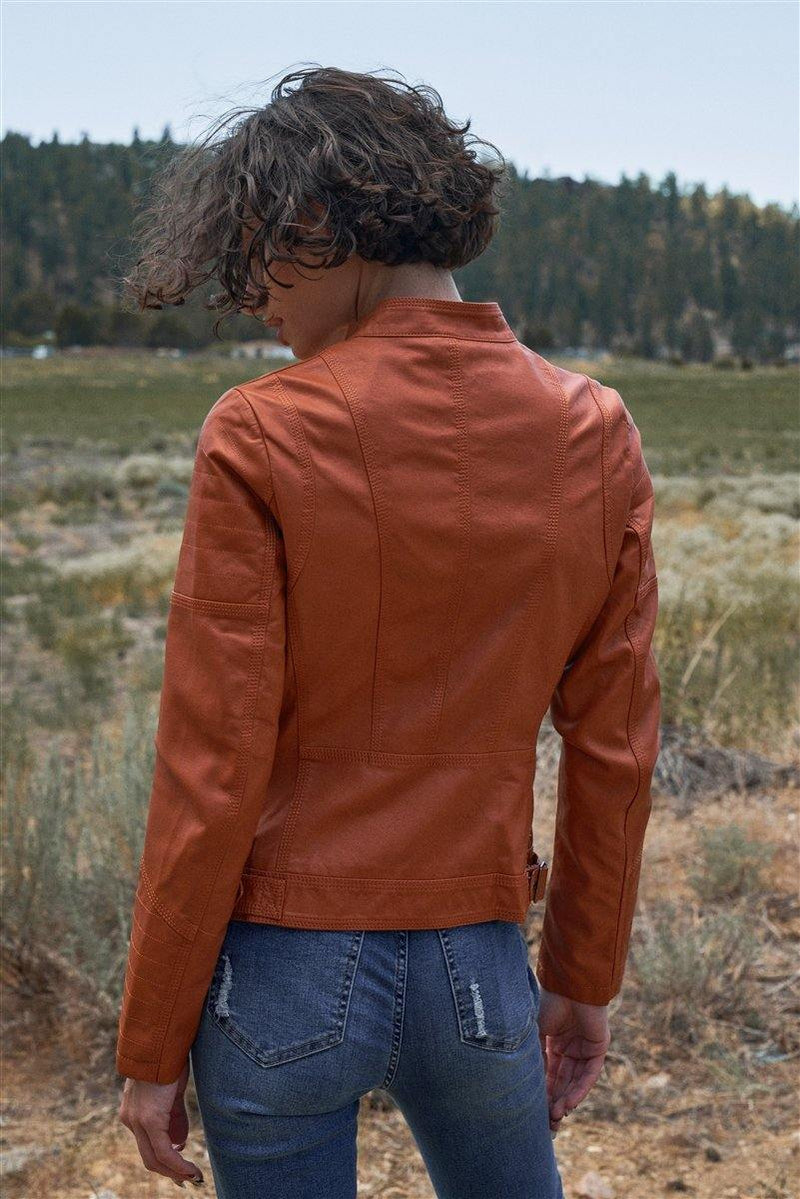 Rust Vegan Leather Long Sleeve Biker Jacket - AM APPAREL