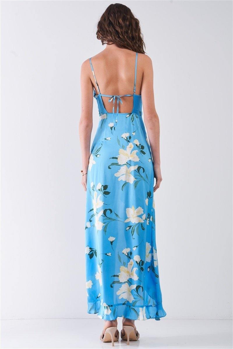 Satin Floral Print Side Slit Detail Maxi Dress - AM APPAREL