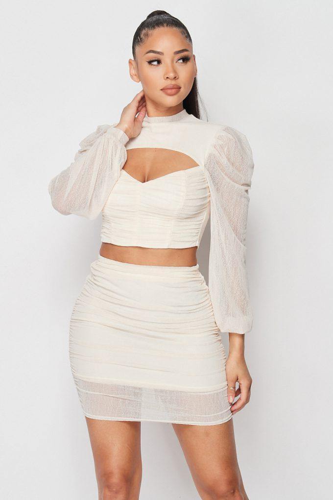Sexy Sheer Cutout Puff Sleeved Top And Skirt Set - AM APPAREL
