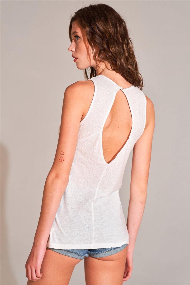 Sleeveless Crew Neck Cut-out Back Detail Longline Top - AM APPAREL