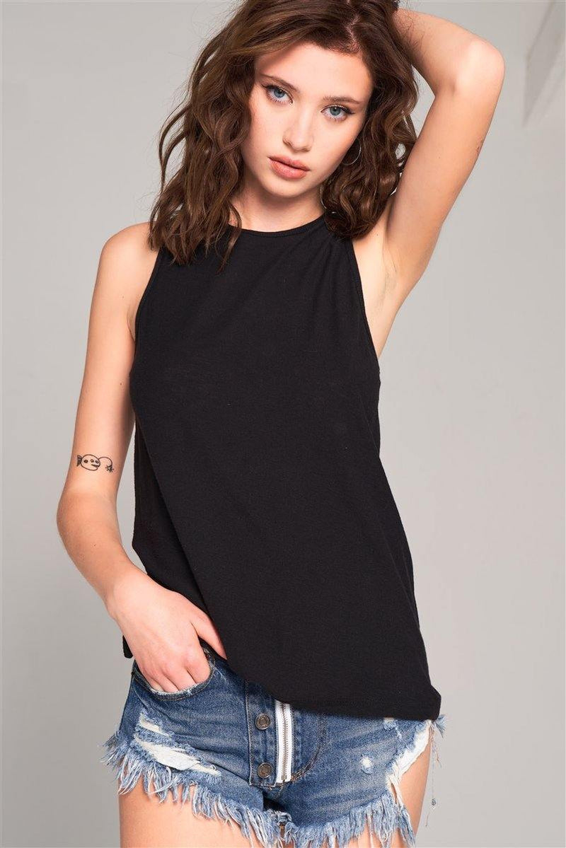 Sleeveless Crew Neck Cut-out Back Detail Longline Top - AM APPAREL