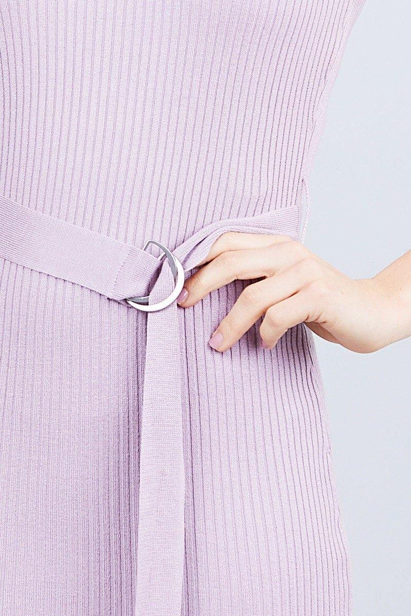 Sleeveless Double Scoop Neck W/belt Rib Sweater Mini Dress - AM APPAREL