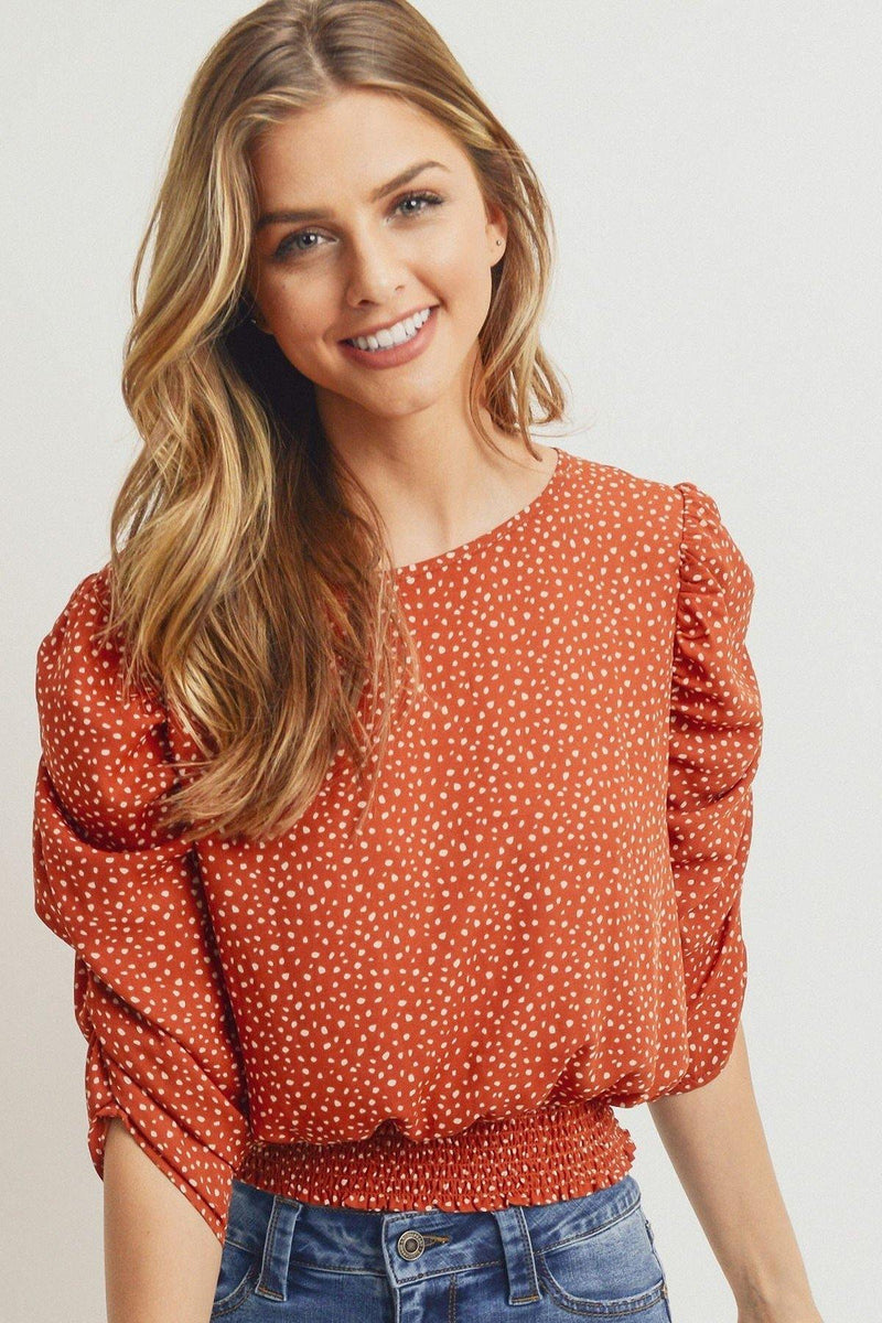 Smocked Band Top With Shirring Puff Sleeve - AM APPAREL