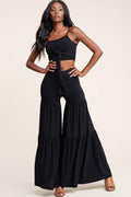 Solid Tie Front Top And Tiered Wide Leg Pants Set - AM APPAREL