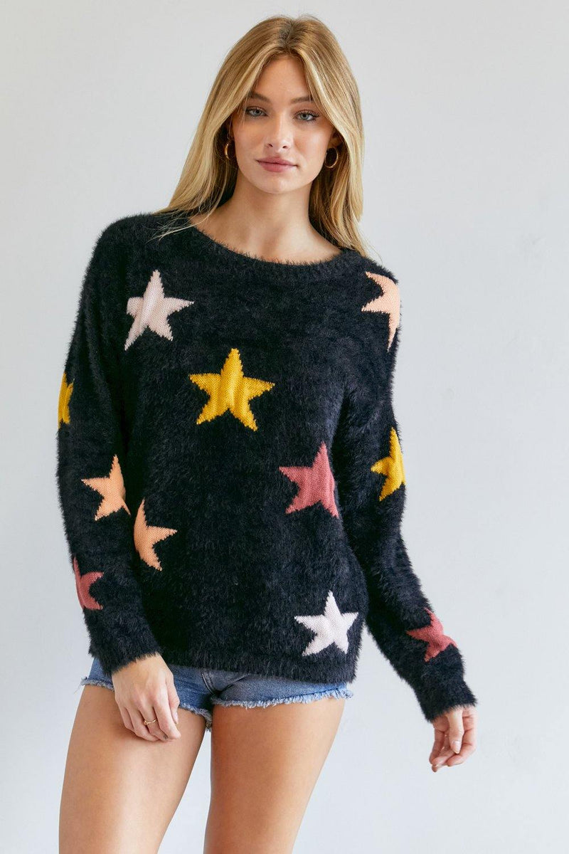 Star Printed Round Neck Sweater - AM APPAREL
