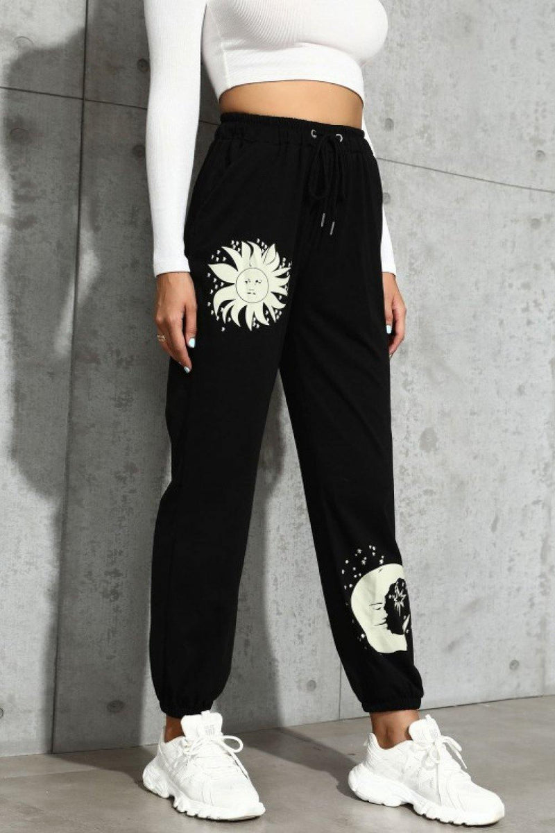Sun and Moon Graphic Drawstring Joggers - AM APPAREL