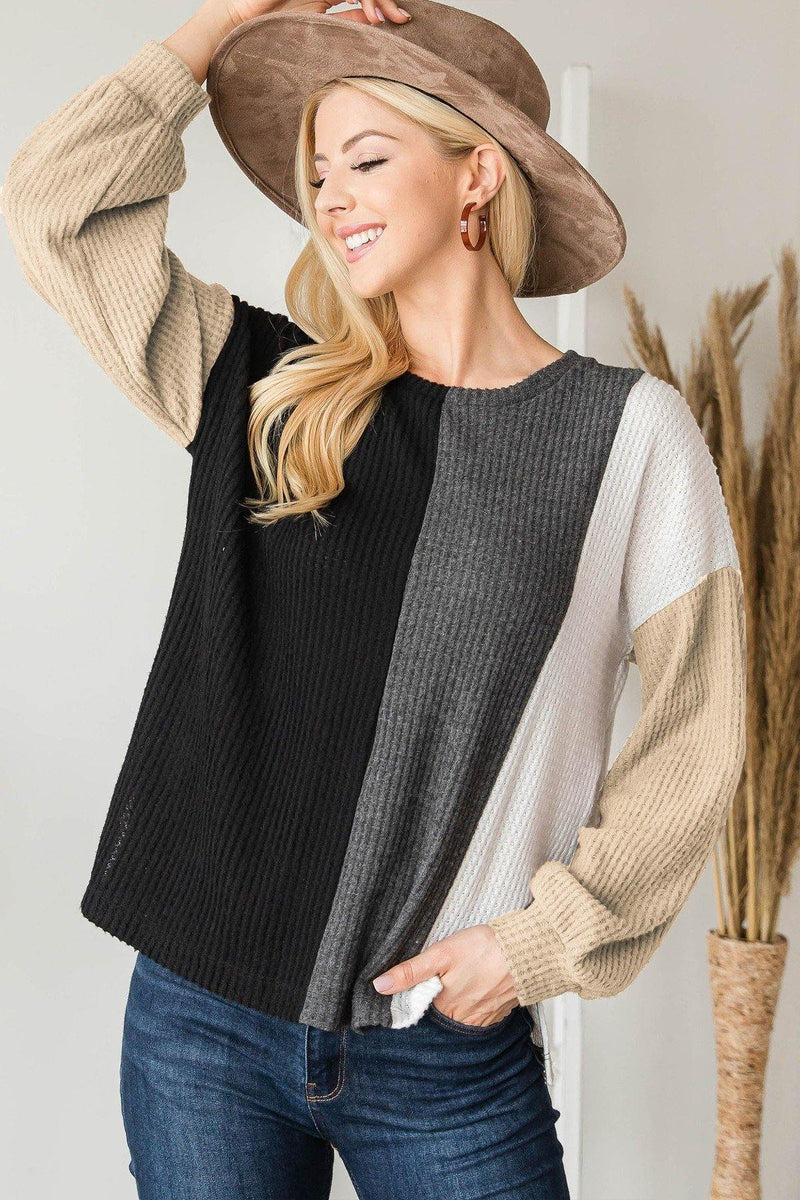 This Adorable Color Block Waffle Long Sleeve Top - AM APPAREL