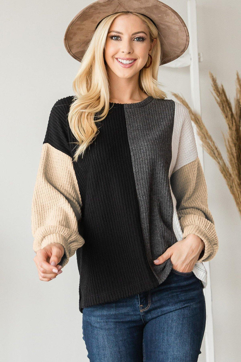 This Adorable Color Block Waffle Long Sleeve Top - AM APPAREL