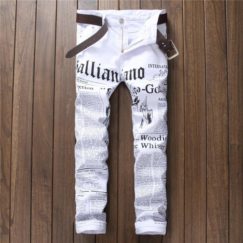Unisex News Printed White Regular Fit Jeans - AM APPAREL