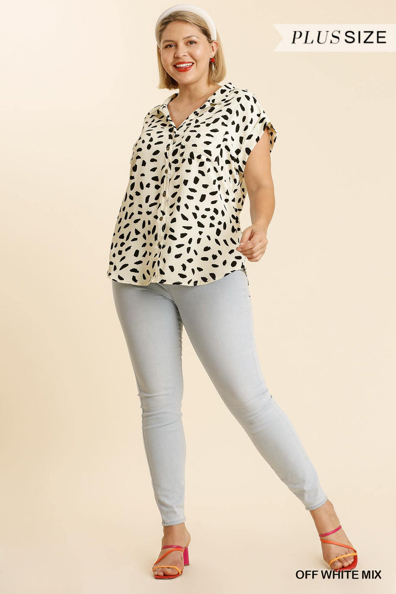 V-neck Dalmatian Print Button Front Top With Pocket Detail - AM APPAREL