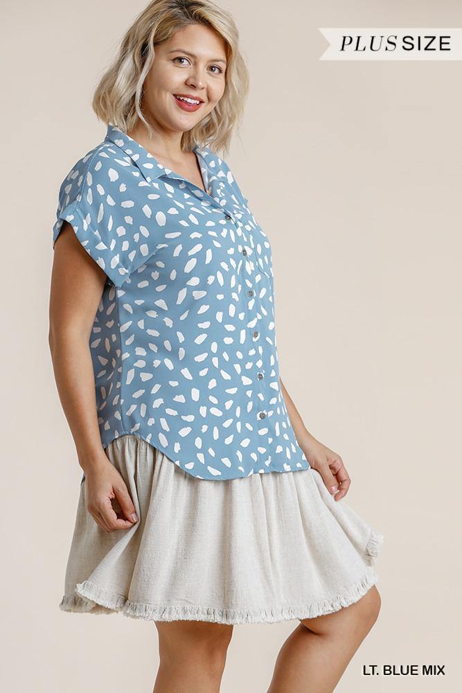 V-neck Dalmatian Print Button Front Top With Pocket Detail - AM APPAREL