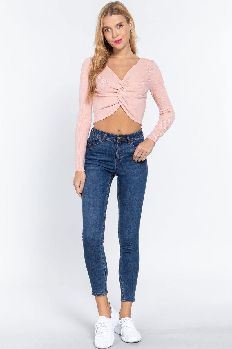 V-neck Front Knotted Crop Sweater - AM APPAREL
