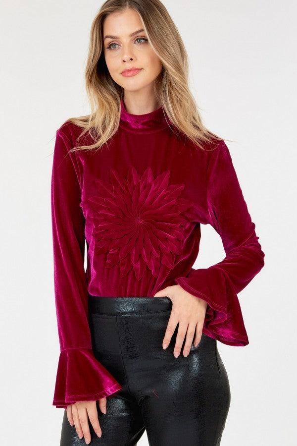 Velvet Flower Patch Mock Neck Top With Wide Sleeves - AM APPAREL