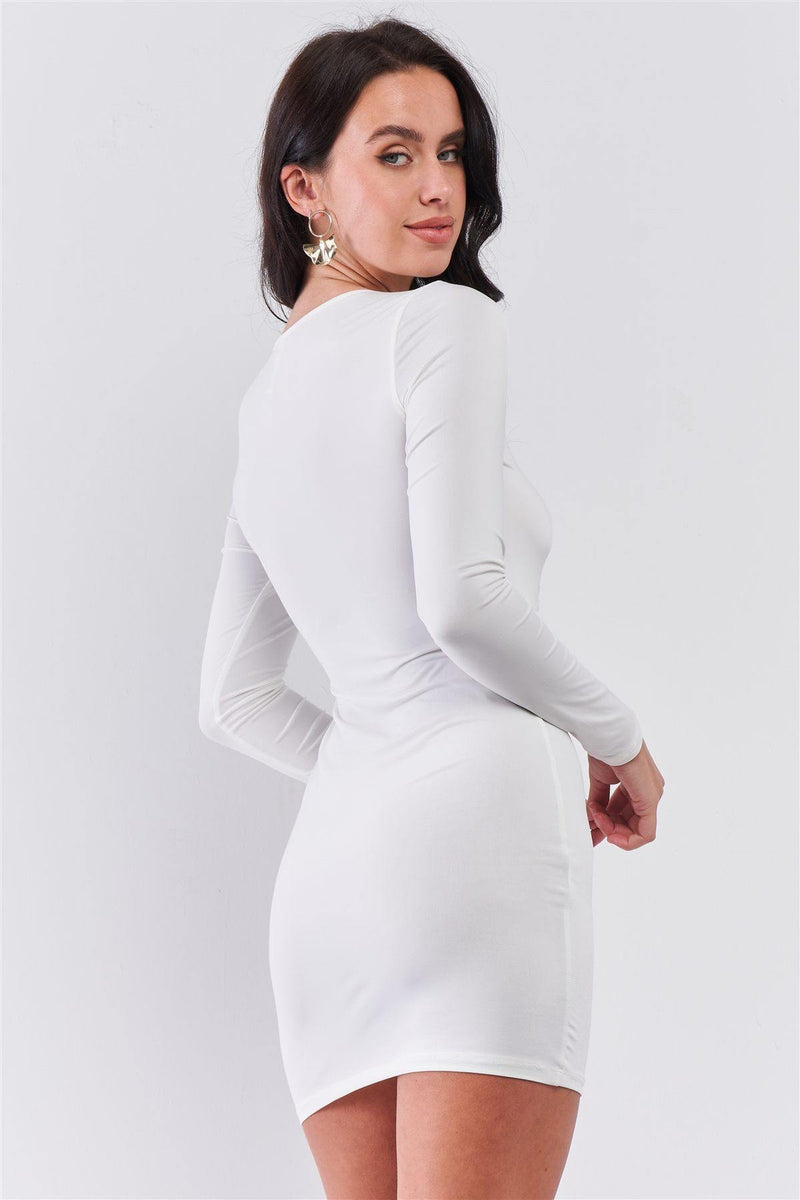 White Sequined Center Front Detail Long Sleeve Mini Dress - AM APPAREL